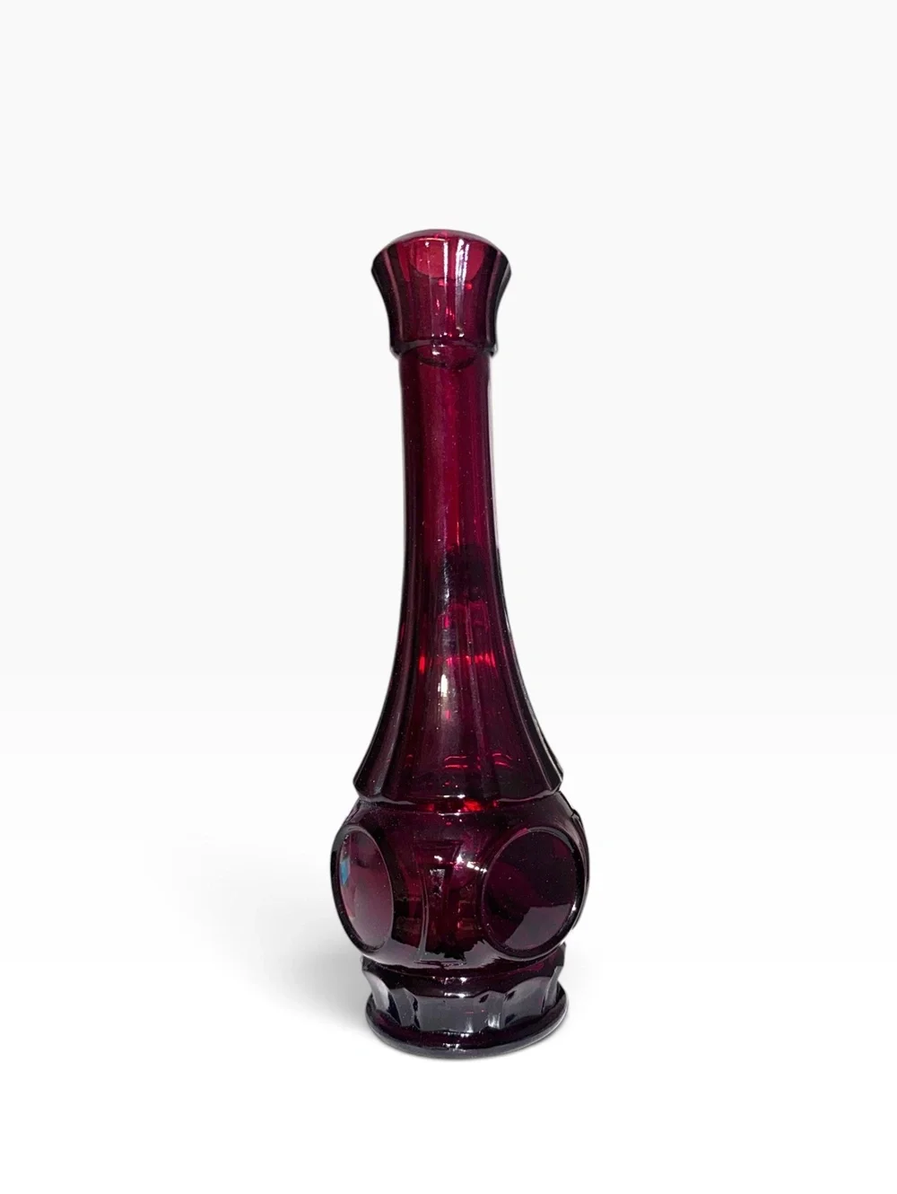 Vintage Ruby Red Glass Bud Vase with Raised Circular Motif, Mid-Century Modern